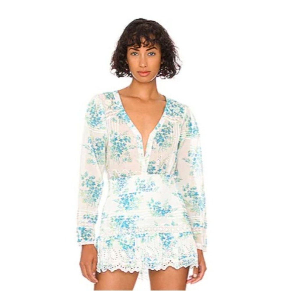 LoveShackFancy Mauro Blouse Button Down Floral Print Magic Turquoise XS